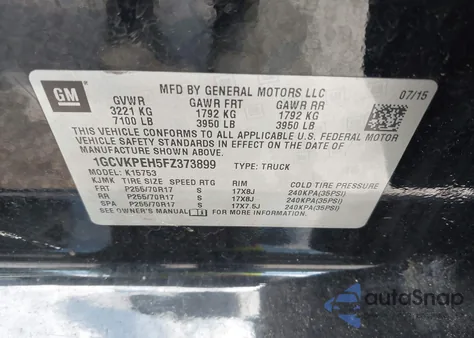 2015 Chevrolet Silverado 1500 Wt z USA, uszkodzony, nr VIN 1GCVKPEH5FZ373899